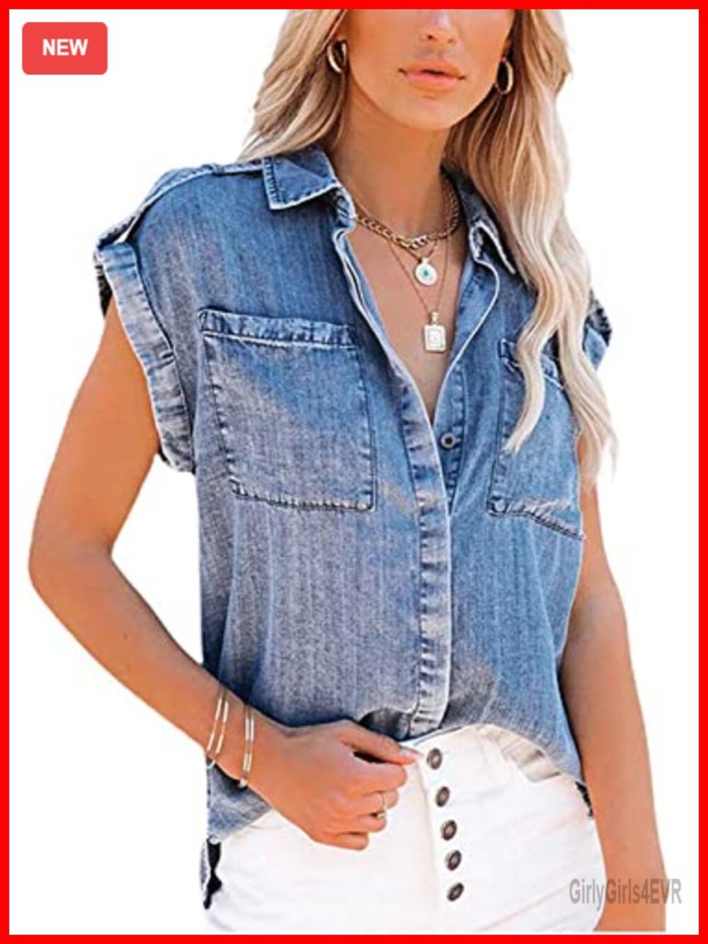 Loose Fit Sleeveless Button Down Denim Shirt with Cuffed Sleeves and Pockets